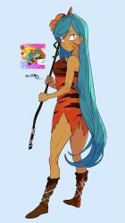  1girl animal_print blue_background blue_hair brown_footwear cookie_run dark-skinned_female dark_skin dress facial_mark flower full_body highres holding holding_polearm holding_weapon humanization long_hair looking_back pink_flower polearm print_dress reference_inset simple_background solo tiger_lily_cookie tiger_print uochandayo very_long_hair weapon 