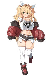  1girl belt blonde_hair blush boots breasts brown_footwear brown_shorts childhood_friend_(kz_oji) crop_top curvy cutoffs full_body green_eyes hair_ribbon highres kz_oji large_breasts long_hair looking_at_viewer micro_shorts mole mole_under_eye navel original ribbon shirt short_sleeves shorts simple_background single_bare_shoulder sleeves_past_fingers sleeves_past_wrists solo standing standing_on_one_leg thick_thighs thighhighs thighs white_background white_belt white_ribbon white_shirt white_thighhighs 