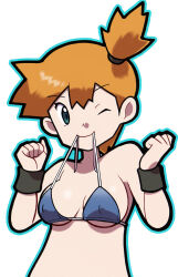  1girl ;) asymmetrical_hair bikini bikini_top_only blue_bikini blue_eyes bottomless bravefarm2 breasts clenched_hands closed_mouth clothes_in_mouth creatures_(company) female_focus game_freak green_eyes gym_leader hair_tie hands_up highres looking_at_viewer medium_breasts misty_(pokemon) mouth_hold navel nintendo nipples one_eye_closed orange_hair outline pokemon pokemon_(anime) pokemon_rgby ponytail short_hair side_ponytail simple_background smile solo swimsuit underboob upper_body w_arms white_background wink wristband 
