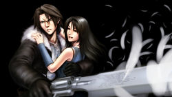  1990s_(style) 1boy 1girl black_hair brown_eyes brown_hair couple detached_sleeves feathers final_fantasy final_fantasy_viii gloves gunblade highres jacket jewelry long_hair looking_back necklace open_mouth rinoa_heartilly scar short_hair siv_(kuroino) squall_leonhart sword weapon 