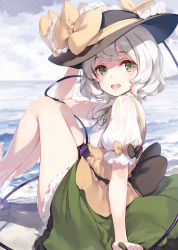 1girl :d adapted_costume arm_support arm_up backlighting bare_legs barefoot beach belt between_thighs black_belt black_bow black_frills black_hat blue_sky bow breasts cloud day dorsiflexion eyeball eyelashes eyes_visible_through_hair feet_out_of_frame frilled_hat frilled_shirt frilled_skirt frilled_sleeves frills from_side green_eyes green_ribbon green_skirt hand_on_headwear hand_up hat hat_bow hat_ribbon highres horizon ke-ta knees_up komeiji_koishi legs_together looking_at_viewer looking_back neck_ribbon ocean open_mouth outdoors perky_breasts petticoat puffy_short_sleeves puffy_sleeves ribbon round_teeth sand see-through shadow shirt short_hair short_sleeves silver_hair sitting skirt sky small_breasts smile solo string swept_bangs tareme teeth thighs third_eye touhou upper_teeth_only water wavy_hair wet wet_clothes white_frills white_shirt yellow_bow yellow_ribbon yellow_shirt rating:Questionable score:23 user:danbooru