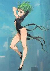  1girl arms_behind_head arms_up bare_legs breasts covered_navel dress female_focus full_body gaston18 green_eyes green_hair highres looking_at_viewer matching_hair/eyes medium_hair one-punch_man small_breasts solo tatsumaki thick_thighs thighs torn_clothes  rating:Sensitive score:59 user:catonfire26