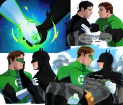  2boys absurdres bara batman_(series) black_bodysuit black_gloves black_hair blush bodysuit brown_hair carrying carrying_person couple crying crying_with_eyes_open dc_comics domino_mask english_text facial_hair gloves green_bodysuit green_lantern green_lantern_(series) grey_bodysuit hal_jordan haljordanmylove hand_on_another&#039;s_face highres holding_hands jewelry large_pectorals looking_at_another male_focus mask multiple_boys muscular muscular_male open_mouth pectorals ring short_hair simple_background smile streaming_tears superhero tears two-tone_bodysuit white_background white_gloves yaoi 