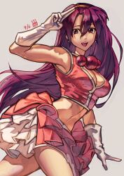 1girl absurdres armpits asamiya_athena breasts cleavage cleavage_cutout clothing_cutout cropped_shirt earrings frilled_skirt frills gloves hair_ornament hairband headband highres jewelry large_breasts legs long_hair looking_at_viewer midriff miniskirt navel open_mouth purple_eyes purple_hair red_skirt salute skirt sleeveless smile snk solo syachiiro the_king_of_fighters the_king_of_fighters_2003 thighs toned