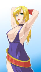  1girl armpits arms_behind_head arms_up bare_shoulders belt blonde_hair bracelet breasts cherry choker cleavage covered_erect_nipples covered_navel dress fatal_fury fingerless_gloves food fruit g-tetsu garou:_mark_of_the_wolves gloves green_eyes highres jenet_behrn jewelry large_breasts lips long_hair mauve mouth_hold no_bra panties pirate seductive_smile sideboob smile snk solo the_king_of_fighters underwear 