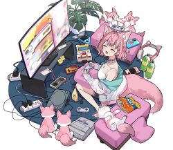 1girl :3 :d absurdres alternate_costume animal_ear_fluff animal_ear_headphones animal_ears antenna_hair black_shorts braid camisole cellphone chips_(food) choker closed_eyes commentary_request controller coyote cross-laced_clothes cross-laced_sleeves dolphin_shorts fake_animal_ears famicom fang food frilled_choker frills from_above game_cartridge game_console game_controller hair_ornament hairclip hakui_koyori hakui_koyori_(summer) handheld_game_console headphones highres holding holding_controller holding_game_controller hololive hood hooded_jacket jacket kokoro_(hakui_koyori) lanyard long_sleeves looking_up mascot mayonnaise nes_gamepad off_shoulder official_alternate_hairstyle open_mouth phone pink_hair plant playstation_1 potato_chips potted_plant power_strip rug short_hair short_shorts shorts side_braids sitting sleeves_past_wrists smartphone smile soda_bottle solo sticky_note super_nintendo tail television tsukino_(nakajimaseiki) twin_braids two-sided_fabric two-sided_jacket virtual_youtuber wariza white_background white_camisole white_choker white_jacket wolf_ears wolf_girl wolf_tail 