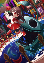  1girl :o absurdres anglerfish art_gallery black_thighhighs bow brown_hair dot_nose fish flower footwear_bow from_side highres holding holding_flower ib_(ib) ib_(kouri) indoors long_hair long_sleeves monster neckerchief open_mouth painting_(object) red_eyes red_flower red_footwear red_neckerchief red_rose red_skirt rose scenery shirt signature skirt stanchion thighhighs watawata22 water white_shirt wide_shot 