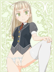 1girl bad_id bad_pixiv_id blonde_hair blush breasts cleft_of_venus crotchless crotchless_panties female_pubic_hair green_eyes highres loli long_hair looking_at_viewer no_pants original panties presenting pubic_hair pussy school_uniform small_breasts smile solo sparse_pubic_hair spread_legs takafumi thighhighs uncensored underwear white_panties rating:Explicit score:142 user:danbooru
