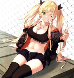  1girl alternate_costume arm_support azur_lane bare_shoulders black_jacket black_ribbon black_sports_bra black_thighhighs blonde_hair breasts chain-link_fence check_commentary cleavage collarbone commentary_request cowboy_shot dog_tags drawstring enchuu_kakiemon fence green_eyes grin hair_ribbon highres hornet_(azur_lane) jacket large_breasts long_hair long_sleeves looking_at_viewer midriff navel off_shoulder one_eye_closed open_clothes open_fly open_jacket ribbon shadow short_shorts shorts sidelocks sitting smile solo sports_bra teeth thighhighs thumbs_up twintails white_background  rating:Sensitive score:24 user:danbooru