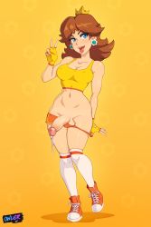 1girl artist_name bike_shorts blue_eyes breasts brown_hair bulge cleavage clothes_pull collarbone commentary covered_erect_nipples crop_top crown cum cumdrip earrings fingerless_gloves full_body futanari gloves highres jewelry kneehighs long_hair looking_at_viewer mario_(series) mario_tennis medium_breasts navel nintendo open_mouth orange_background owler penis princess_daisy shoes short_shorts shorts shorts_pull sneakers socks solo standing stomach super_mario_bros._1 super_mario_land tank_top testicles third-party_edit tongue tongue_out uncensored rating:Explicit score:99 user:Nimji