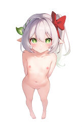 1girl arms_behind_back barefoot belly blush bow closed_mouth completely_nude female_focus flat_chest full_body genshin_impact green_eyes hair_between_eyes hair_bow highres loli looking_at_viewer luma_li nahida_(genshin_impact) navel nipples nude pointy_ears red_bow side_ponytail simple_background solo standing toes white_background white_hair rating:Questionable score:372 user:danbooru