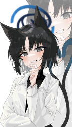 1girl :d alternate_costume animal_ear_fluff animal_ears black_shirt blue_archive cat_ears cat_girl cat_tail coat commentary_request dragonchicken02 eyeshadow forked_tail grin halo hand_on_own_chin head_tilt highres kikyou_(blue_archive) long_sleeves looking_at_viewer makeup nekomata open_mouth parted_bangs red_eyeshadow shirt short_hair sidelocks simple_background smile solo tail turtleneck turtleneck_shirt white_coat zoom_layer 