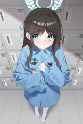  1girl absurdres airi_(band)_(blue_archive) airi_(blue_archive) black_hair blue_archive blue_jacket blush breasts floor from_above green_eyes green_halo halo highres jacket locker long_hair long_sleeves looking_at_viewer official_alternate_costume open_mouth qianshibu small_breasts socks solo standing white_socks 