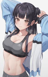 1girl absurdres armpits arms_up bare_shoulders black_hair blue_jacket blunt_bangs blush breasts brown_eyes cleavage closed_mouth collarbone commentary crop_top gradient_background grey_background heavy_breathing highres idolmaster idolmaster_shiny_colors jacket long_hair long_sleeves looking_at_viewer mayuzumi_fuyuko medium_breasts midriff navel off_shoulder open_clothes open_jacket ribs sleeves_past_wrists solo sports_bra stomach sweat symbol-only_commentary takio_(kani_sama) two_side_up upper_body rating:Sensitive score:52 user:danbooru