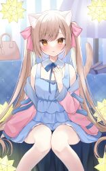  1girl animal_ear_fluff animal_ears blue_dress blush bow brown_eyes cat_ears cat_girl cat_tail dress hair_bow hamico highres jacket jewelry knees_together_feet_apart kokona_(hamico) light_brown_hair long_hair looking_at_viewer multiple_rings off_shoulder original pink_bow pink_jacket ring sitting small_stellated_dodecahedron solo swept_bangs tail twintails very_long_hair 