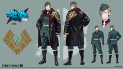  1boy absurdres belt blonde_hair boots character_name character_sheet coat commentary copyright_name ed_(street_fighter) english_commentary garrison_cap gloves hand_in_pocket hand_on_own_hip hat highres military_uniform necktie official_alternate_costume official_art solo standing street_fighter street_fighter_6 uniform 