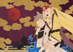  1boy 1girl animal_ears architecture arm_up blonde_hair carrying carrying_person cat_ears cloud east_asian_architecture facial_mark fate/grand_order fate_(series) forehead_mark full_moon grey_hair highres horns ibaraki_douji_(fate) japanese_clothes kimono long_hair looking_afar mame_cs5 moon oni open_mouth pagoda pointy_ears sky smile watanabe_no_tsuna_(fate) yellow_eyes yellow_kimono 