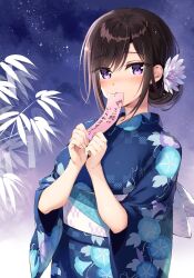  1girl blush brown_hair commentary_request covering_own_mouth eyes_visible_through_hair floral_print floral_print_kimono flower hair_flower hair_ornament hair_up hands_up highres holding holding_tanzaku japanese_clothes kimono looking_at_viewer morning_glory_print night night_sky original oryo_(oryo04) print_kimono purple_eyes short_hair sky solo star_(sky) tanzaku translation_request 