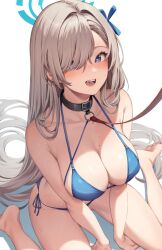 1girl amagimei asuna_(blue_archive) bare_shoulders barefoot bikini black_collar blue_archive blue_bikini blue_eyes blue_halo blue_ribbon blush breasts brown_hair cleavage collar collarbone from_above hair_over_one_eye hair_ribbon halo highres large_breasts leash long_hair looking_at_viewer mole mole_on_breast open_mouth ribbon side-tie_bikini_bottom sitting solo swimsuit thighs very_long_hair wariza  rating:Sensitive score:26 user:danbooru