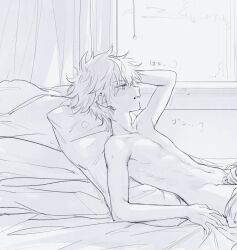 2boys bed bed_sheet censored curtains from_side gon_freecss greyscale hair_between_eyes highres hunter_x_hunter implied_handjob kiko killua_zoldyck male_focus monochrome multiple_boys nude out_of_frame profile reclining sheet_grab shota spiked_hair window yaoi rating:Questionable score:65 user:danbooru