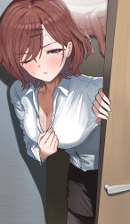  1boy 1girl absurdres although_she_hurriedly_put_on_clothes_(meme) black_skirt blush breasts cleavage clothed_female_nude_male collarbone collared_shirt commentary hair_ornament hairclip highres higuchi_madoka idolmaster idolmaster_shiny_colors long_sleeves looking_at_viewer meme mole mole_under_eye nude one_eye_closed open_mouth opening_door pantyhose parted_bangs pdal_(pdalhhh) pencil_skirt purple_eyes red_hair shadow shirt short_hair skirt sweat white_shirt 