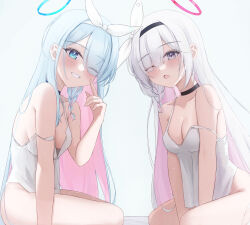  2girls ;d ;o absurdres aged_up arona_(blue_archive) black_choker blue_archive blue_hair bottomless braid breasts camisole choker cleavage collarbone colored_inner_hair grey_hair hair_over_one_eye halo highres long_hair looking_at_viewer medium_breasts mofu07519 multicolored_hair multiple_girls one_eye_closed open_mouth pink_hair plana_(blue_archive) single_braid smile straight_hair strap_slip two-tone_hair very_long_hair white_camisole 