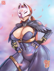  1girl abs bodysuit breasts cleavage cowboy_shot female_focus fingerless_gloves fox_mask gauntlets gloves hands_on_own_hips highres kitsune kunimitsu_(9nimi2) kunimitsu_(tekken) large_breasts lips long_hair low_twintails mask masked mole mole_under_mouth namco ninja red_hair shiny_clothes skin_tight solo standing tekken tekken_2 tekken_tag_tournament_2 thick_thighs thighs tomo_zeta twintails  rating:Questionable score:16 user:Boomshaqalaqa
