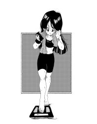  1girl black_hair breasts cleavage crop_top dragon_ball dragonball_z fenyon highres legs official_art phone scale sweat towel videl workout_clothes 