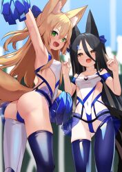  2girls animal_ears arm_up armpits ass asymmetrical_legwear black_hair blonde_hair blue_thighhighs blurry blurry_background blush breasts cheerleader commentary_request covered_navel cowboy_shot fang fox_ears fox_shadow_puppet fox_tail gluteal_fold green_eyes hair_between_eyes highres holding holding_pom_poms kokonoe_tsubaki leotard long_bangs long_hair looking_at_viewer mismatched_legwear multiple_girls open_mouth orange_eyes original pom_pom_(cheerleading) pom_poms sideless_outfit small_breasts smile tail thighhighs thong_leotard uneven_legwear v-shaped_eyebrows white_leotard white_thighhighs yoshizawa_tsubaki 