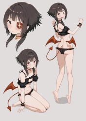  1girl alternate_costume ass bare_legs bare_shoulders barefoot black_bra black_hair black_panties blush bra breasts butt_crack cat_lingerie chen_yang_yang cleavage_cutout clothing_cutout commentary_request demon_tail demon_wings eyepatch frilled_bra frilled_panties frills from_behind full_body grey_background highres kono_subarashii_sekai_ni_shukufuku_wo! looking_at_viewer low_wings megumin meme_attire multiple_views navel open_mouth panties red_eyes red_wings seiza short_hair_with_long_locks simple_background sitting small_breasts standing stomach tail thighs toes underwear wings 