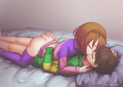  1boy 1girl artist_request ass ass_grab bed bete_noire blush bottomless breasts brown_hair chara_(undertale) child_on_child echa4797 flat_chest girl_on_top glitchtale hetero humping implied_sex kiss loli shota small_breasts tagme thighhighs undertale undertale_au  rating:Questionable score:412 user:lord_muffington