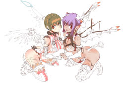  2girls arched_back armor ass bat_wings breasts brown_hair cleavage_cutout clothing_cutout earrings elbow_gloves fingerless_gloves gloves jewelry kneeling large_breasts looking_at_viewer mechanical_wings multiple_girls nipples original pointy_ears purple_hair red_eyes saimon_fumie short_hair simple_background smile thighhighs unfinished wings 