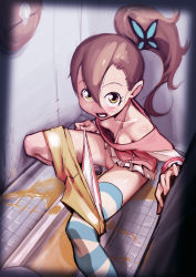 1girl bare_shoulders blush brown_hair butterfly_hair_ornament choker chousoku_henkei_gyrozetter clothes_pull downblouse extended_downblouse hair_ornament highres inaba_rinne long_hair long_sleeves looking_at_viewer looking_up messy monsoon open_mouth panties panty_pull pee peeing peeing_self pulling_own_clothes pussy ribbon_choker shorts shorts_pull side_ponytail single_thighhigh solo squat_toilet squatting striped_clothes striped_thighhighs tears thighhighs toilet toilet_use uncensored underwear yellow_eyes you&#039;re_doing_it_wrong rating:Explicit score:112 user:danbooru