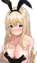  1girl absurdres alternate_costume animal_ears bare_shoulders black_leotard blonde_hair blue_eyes blush breasts cleavage closed_mouth collarbone commentary_request fake_animal_ears hand_on_own_chest highres k-on! konishi_(kn4) kotobuki_tsumugi large_breasts leotard long_hair looking_at_viewer playboy_bunny rabbit_ears simple_background solo thick_eyebrows upper_body white_background  rating:Sensitive score:22 user:danbooru