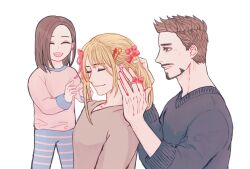  1boy 2girls animification avengers:_endgame avengers_(series) black_sweater blonde_hair blue_pants bow brown_eyes brown_hair child closed_eyes closed_mouth commentary english_commentary facial_hair family father_and_daughter grey_shirt hair_bow hair_ornament hair_ribbon hairpin hands_up highres husband_and_wife long_hair long_sleeves looking_at_another marvel marvel_cinematic_universe medium_hair morgan_stark mother_and_daughter multiple_girls open_mouth pants pepper_potts pink_bow pink_ribbon pink_shirt puffy_long_sleeves puffy_sleeves ribbon shirt short_hair sidelocks simple_background smile standing star_(symbol) star_hair_ornament striped_clothes striped_pants sweater teeth tony_stark white_background xxviolet 