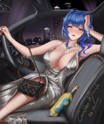  1girl ahoge alcohol artist_name azur_lane backless_dress backless_outfit bag bare_shoulders blue_hair blue_nails blush bottle bracelet breasts building car car_interior chanel cityscape cleavage commentary_request dress english_text artistic_error evening_gown golden_miocola grey_dress halter_dress halterneck hand_on_own_head handbag highres jewelry large_breasts lipstick looking_at_viewer makeup motor_vehicle nail_polish necklace night night_sky official_alternate_costume parted_lips photoshop_(medium) pink_eyes plunging_neckline revealing_clothes side_ponytail sidelocks signature silver_dress sitting sky skyscraper solo st._louis_(azur_lane) st._louis_(luxurious_wheels)_(azur_lane) steering_wheel thighs  rating:Questionable score:44 user:buster2222