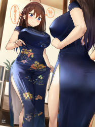 1girl ahoge ass blue_dress blue_eyes blush breasts brown_hair china_dress chinese_clothes closed_mouth commentary covered_erect_nipples dress dress_tug embarrassed eyelashes floral_print from_below full-length_mirror hair_between_eyes highres implied_growth indoors large_breasts leaf_print lips long_dress long_hair looking_at_mirror mirror mirror_image nervous_smile oekakizuki original plant reflection senpai_(oekakizuki) short_sleeves side_slit signature smile solo standing sweat taut_clothes tight_clothes translated wavy_mouth rating:Sensitive score:236 user:danbooru