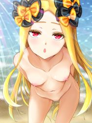 1girl abigail_williams_(fate) abigail_williams_(swimsuit_foreigner)_(fate) absurdres beach black_bow blonde_hair blush bow breasts collarbone fate/grand_order fate_(series) forehead highres leaning_forward long_hair looking_at_viewer manu_lee multiple_bows navel nipples nude open_mouth orange_bow parted_bangs red_eyes shore sidelocks small_breasts thighs very_long_hair rating:Questionable score:48 user:danbooru