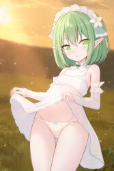  1girl blush bow bow_panties clothes_lift cloud detached_collar detached_sleeves dress dress_lift elf female_focus flat_chest flower grass green_eyes green_hair highres light_rays loli long_sleeves looking_at_viewer maid_headdress navel open_mouth orange_sky outdoors panties pointy_ears shooko short_hair sky sleeveless sleeveless_dress solo standing sun sunbeam sunlight underwear white_dress white_panties  rating:Sensitive score:75 user:cpee