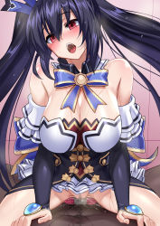  1girl ahegao bare_shoulders black_hair blush breasts censored clothed_female_nude_male clothed_sex cowgirl_position dark-skinned_male dark_skin hetero highres interracial neptune_(series) noire_(neptunia) nude nyamota open_mouth red_eyes ribbon sex straddling sweat tagme twintails vaginal  rating:Explicit score:41 user:Incognito_Doom