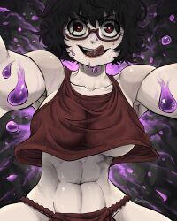  1girl abs absurdres black_clover black_hair breasts drooling girl_on_top glasses highres large_breasts limn044 looking_at_viewer on_top_of_viewer pov red_eyes sally_(black_clover) slime_(substance) sweat tongue tongue_out underwear underwear_only 