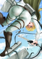  1girl ass blonde_hair blue_eyes blush boots broken cameltoe cape day from_behind from_below highres krista_lenz long_hair looking_at_viewer open_mouth pants pantylines ponytail puppeshinohara shingeki_no_kyojin sky solo sword three-dimensional_maneuver_gear tight_clothes tight_pants weapon 