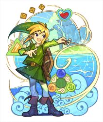  1boy 9twoeight absurdres belt belt_buckle black_footwear blonde_hair blue_eyes boots buckle full_body green_tunic heart highres link looking_to_the_side magic male_focus medium_hair nintendo ocean open_mouth pants pointy_ears pointy_hat sidelocks smile solo standing the_legend_of_zelda the_legend_of_zelda:_the_wind_waker white_pants 
