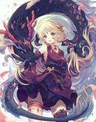  1girl black_scales black_sclera black_thighhighs blonde_hair blue_eyes colored_sclera commentary dragon dragon_horns dress eastern_dragon english_commentary facial_mark falling_petals gem gradient_eyes highres horns looking_at_viewer minyumim multicolored_eyes obi open_mouth original petals red_dress red_gemstone red_horns sash single_thighhigh solo thighhighs 