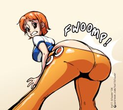  1girl ass ass_shake bent_over looking_back nami_(one_piece) one_piece orange_hair shiny_skin solo wardrobe_malfunction 