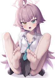  1girl absurdres ahoge barefoot black_skirt blue_archive blue_eyes blue_necktie collared_shirt fang feet foot_focus halo heterochromia highres hoshino_(blue_archive) long_hair long_sleeves looking_at_viewer metaljelly necktie pink_hair pleated_skirt revision school_uniform shirt simple_background skirt soles solo toes white_background white_shirt yellow_eyes 