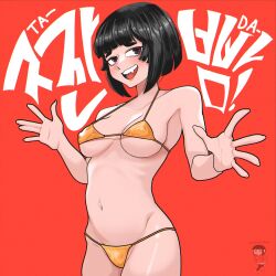  1girl absurdres bikini black_eyes black_hair blunt_bangs breasts covered_erect_nipples double_biub fang gold_bikini hands_up highres looking_at_viewer medium_breasts navel open_mouth original short_hair solo swimsuit thick_eyebrows 