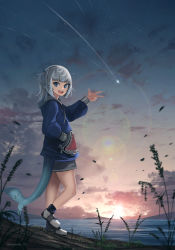  1girl :d advarcher blue_eyes blue_hair comet fins fish_tail full_body gawr_gura hair_ornament hand_in_pocket highres hololive hololive_english long_sleeves looking_at_viewer medium_hair multicolored_hair open_mouth scenery shark_hair_ornament shark_tail sharp_teeth smile standing stitches streaked_hair sunset sweater tail teeth twitter_username virtual_youtuber w white_hair  rating:Sensitive score:11 user:danbooru
