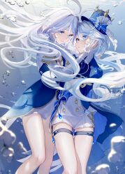  2girls :d :o absurdres ahoge air_bubble aqua_eyes blue_background blue_brooch blue_dress blue_gemstone blue_hair blue_hat blue_skirt bow bubble dress drop-shaped_pupils dual_persona eyes_visible_through_hair flat_chest floating_hair furina_(genshin_impact) gem genshin_impact gloves hand_on_another&#039;s_face hand_on_another&#039;s_hand hat heterochromia highres imasaki_kei in_water leg_belt light_blue_hair looking_at_another mismatched_pupils multiple_girls no_legwear open_mouth shiny_skin skirt smile submerged sunlight symbol-shaped_pupils thighs top_hat underwater white_gloves yuri 