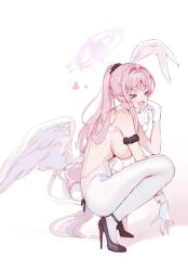  &gt;_&lt; :d angel_wings animal_ears blue_archive bow bowtie detached_collar fake_animal_ears fake_tail feathered_wings halo highres leotard low_wings mika_(blue_archive) oh_(aung_ae) open_mouth pantyhose pink_hair pink_halo playboy_bunny rabbit_ears rabbit_tail smile strapless strapless_leotard tail traditional_bowtie trinity_general_school_swimsuit white_wings wing_ornament wings wrist_cuffs xd 